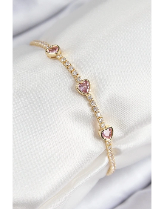 ® Pirinç Zirkon Taşlı Pembe Kalp Model Gold Renk Kadın Bileklik