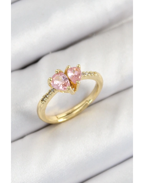 ® Pirinç Zirkon Taşlı Pembe Kalp Model Gold Renk Kadın Yüzük