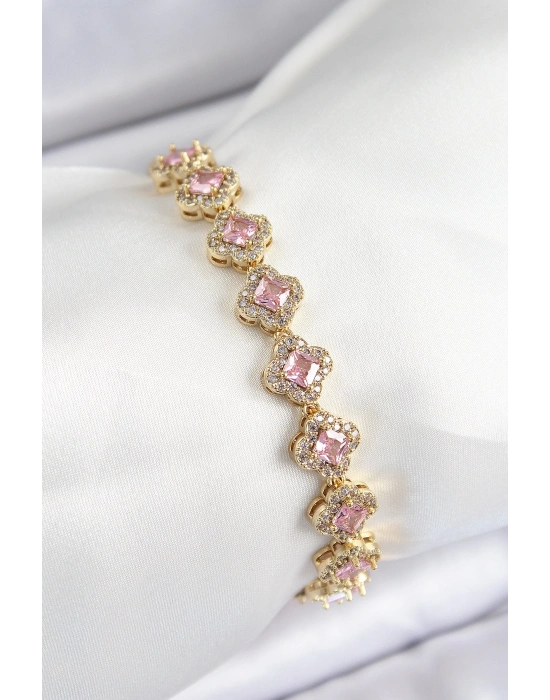 ® Pirinç Zirkon Taşlı Pembe Yonca Baget Model Gold Renk VIP Seri Kadın Bileklik