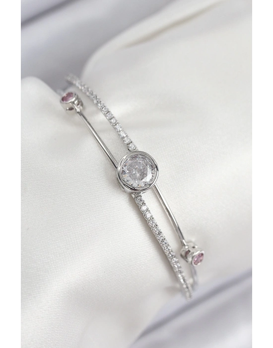 ® Pirinç Zirkon Taşlı Pırlanta Model Gümüş Renk Kadın Bileklik