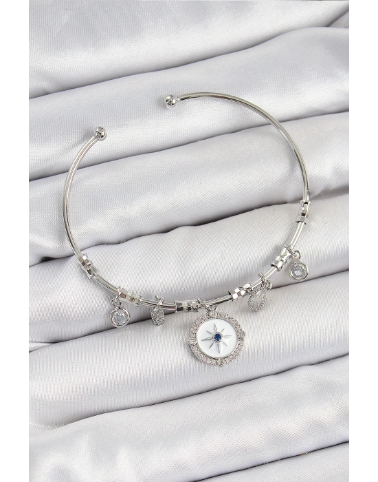 ® Pirinç Zirkon Taşlı Pusula Model Gümüş Renk Charm Bileklik