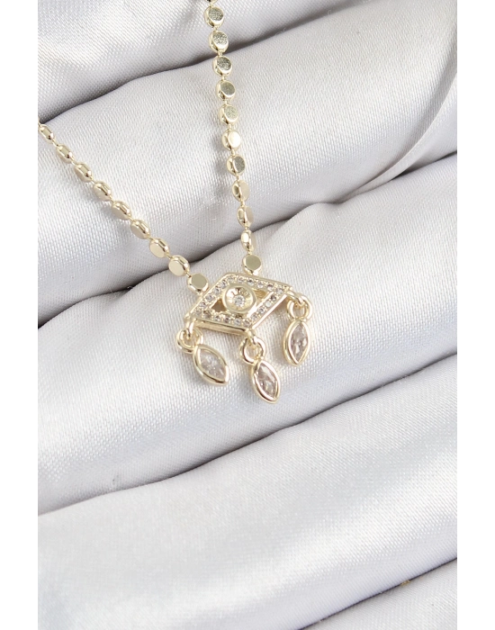 ® Pirinç Zirkon Taşlı Sallantılı Göz Model Ezme Zincir Gold Renk Kadın Kolye