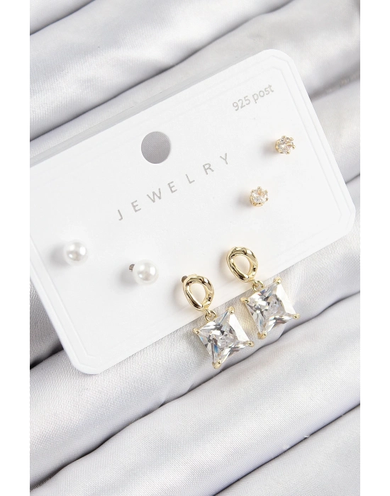 ® Pirinç Zirkon Taşlı Sallantılı Kare Model Gold Renk 925 Ayar Gümüş Çivi Kadın Küpe Set
