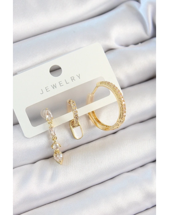 ® Pirinç Zirkon Taşlı Sallantılı Model Gold Renk 3lü Çift Kadın Küpe Set