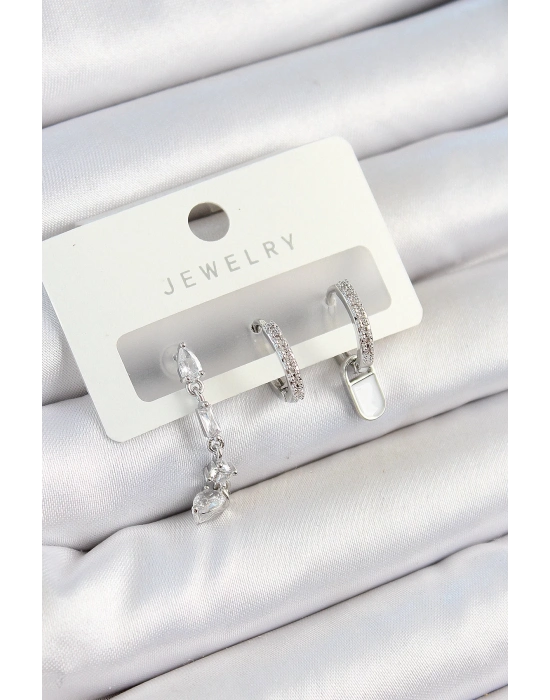 ® Pirinç Zirkon Taşlı Sallantılı Model Gümüş Renk 3lü Çift Kadın Küpe Set