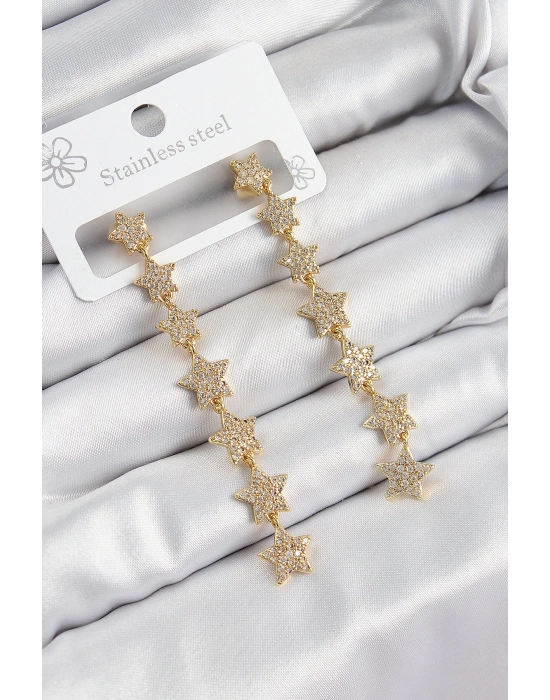 ® Pirinç Zirkon Taşlı Sallantılı Yıldız Model Gold Renk Kadın Küpe