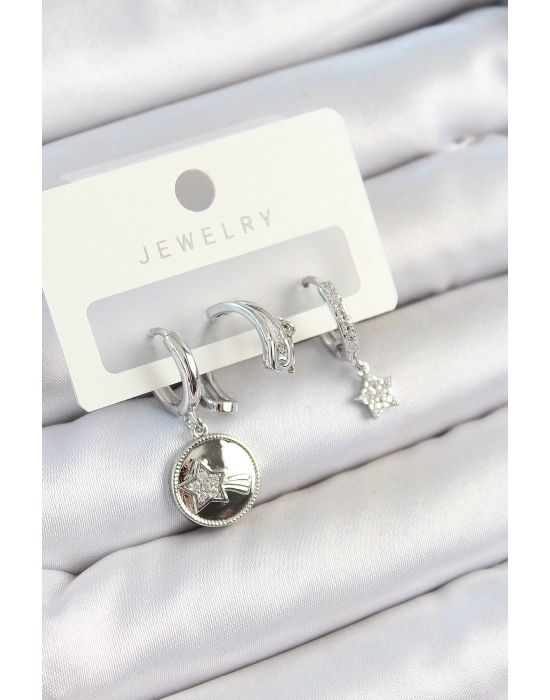 ® Pirinç Zirkon Taşlı Sallantılı Yıldız Model Gümüş Renk 3lü Çift Kadın Küpe Set