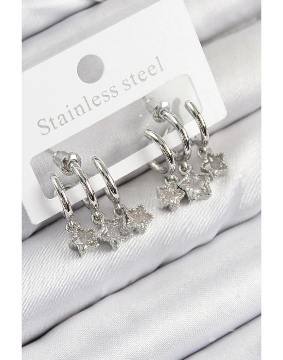 ® Pirinç Zirkon Taşlı Sallantılı Yıldız Model Gümüş Renk Kadın Küpe