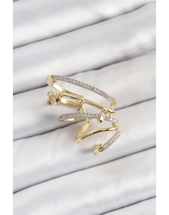 ® Pirinç Zirkon Taşlı Sıkıştırma Sağ Kıkırdak Gold Renk Kadın Küpe