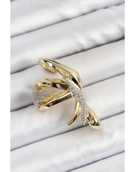 ® Pirinç Zirkon Taşlı Sıkıştırma Sağ Kıkırdak Gold Renk Kadın Küpe