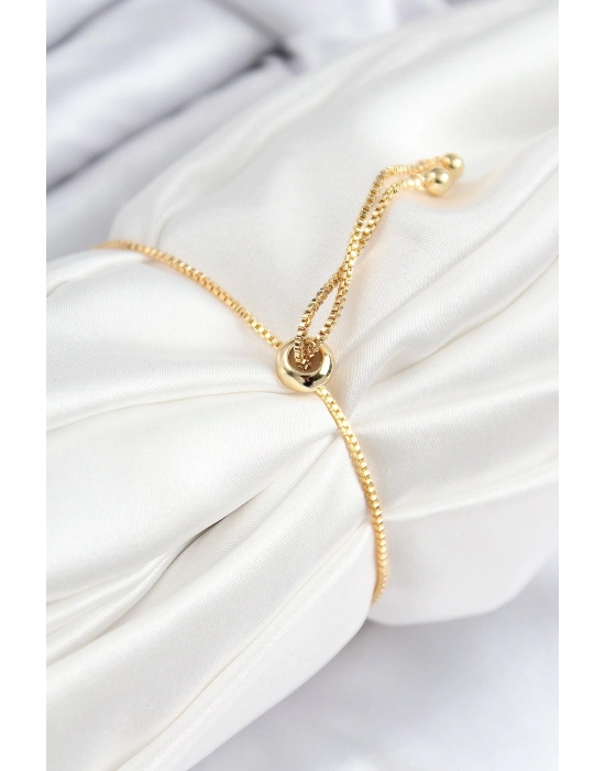 ® Pirinç Zirkon Taşlı Sıralı Daire Model Gold Renk Asansörlü Kadın Bileklik