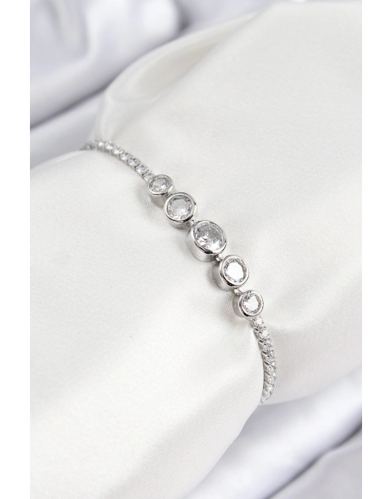 ® Pirinç Zirkon Taşlı Sıralı Daire Model Gümüş Renk Asansörlü Kadın Bileklik