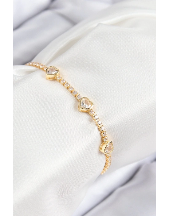 ® Pirinç Zirkon Taşlı Sıralı Kalp Model Gold Renk Kadın Bileklik