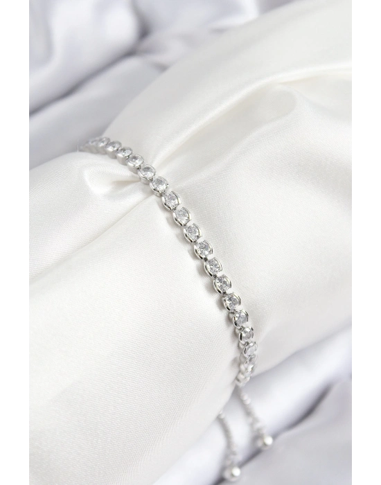 ® Pirinç Zirkon Taşlı Sıralı Model Gümüş Renk Asansörlü Kadın Bileklik