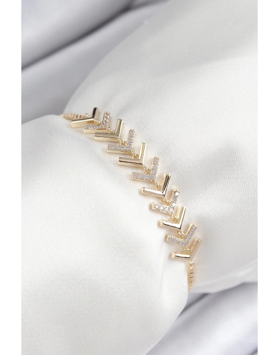 ® Pirinç Zirkon Taşlı Sıralı Ok Model Gold Renk Asansörlü Kadın Bileklik