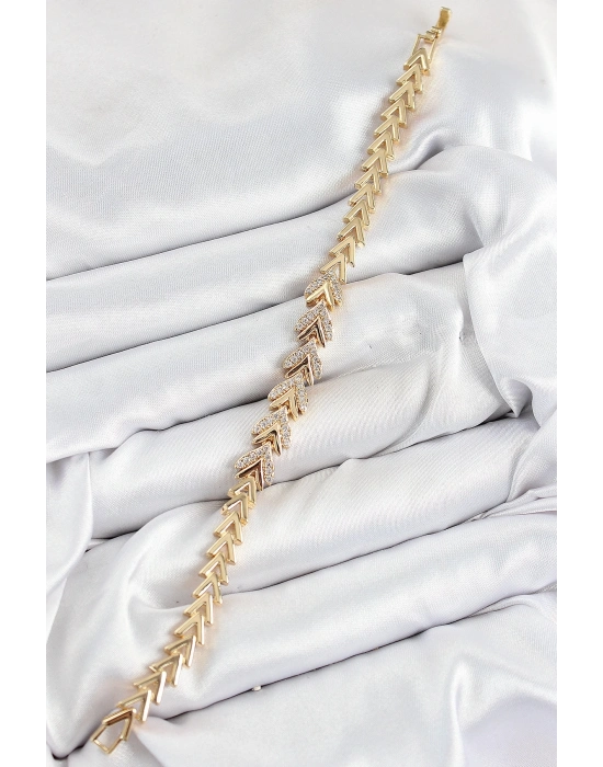 ® Pirinç Zirkon Taşlı Sıralı Ok Model Gold Renk Kadın Bileklik