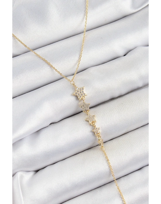 ® Pirinç Zirkon Taşlı Sıralı Yıldız Figürlü Y Model Gold Renk Kadın Kolye