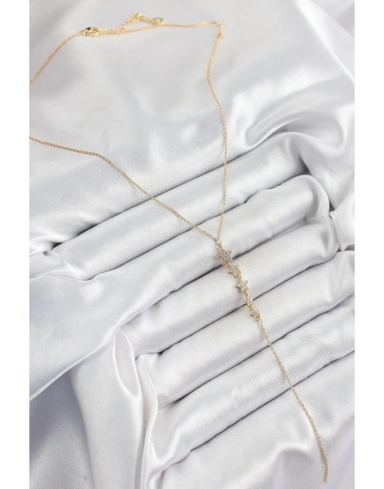 ® Pirinç Zirkon Taşlı Sıralı Yıldız Figürlü Y Model Gold Renk Kadın Kolye