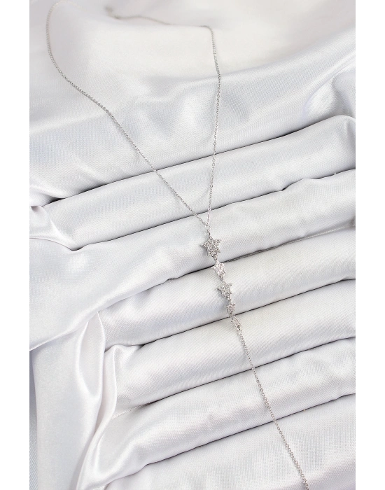 ® Pirinç Zirkon Taşlı Sıralı Yıldız Figürlü Y Model Gümüş Renk Kadın Kolye