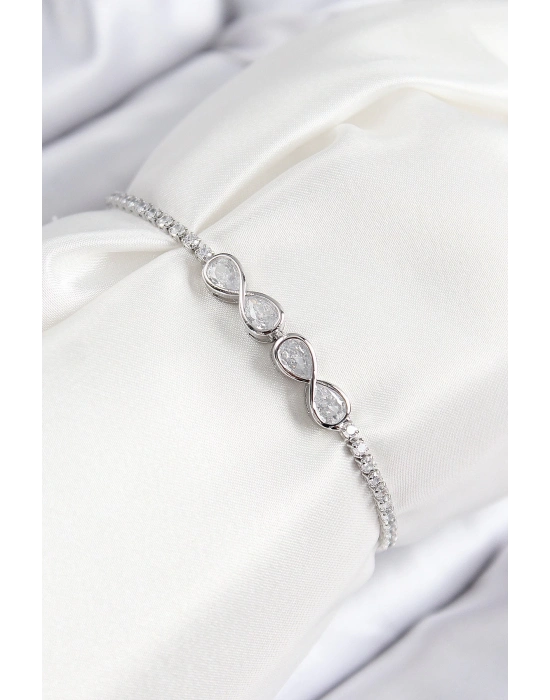 ® Pirinç Zirkon Taşlı Sonsuzluk Model Gümüş Renk Asansörlü Kadın Bileklik