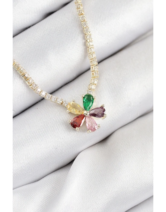 ® Pirinç Zirkon Taşlı Su Yolu Asorti Çiçek Model Gold Renk Kadın Kolye