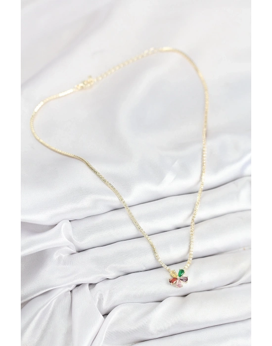 ® Pirinç Zirkon Taşlı Su Yolu Asorti Çiçek Model Gold Renk Kadın Kolye