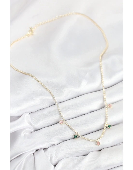 ® Pirinç Zirkon Taşlı Su Yolu Damla Model Gold Renk Kadın Kolye