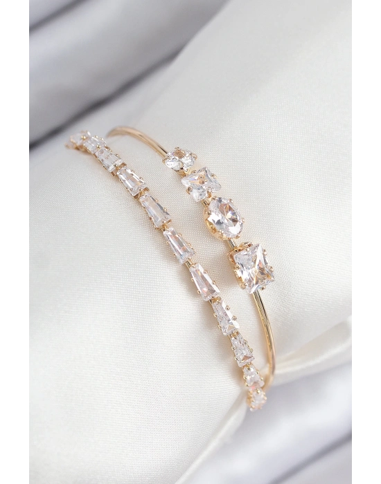 ® Pirinç Zirkon Taşlı Su Yolu Model Gold Renk Kadın Bileklik