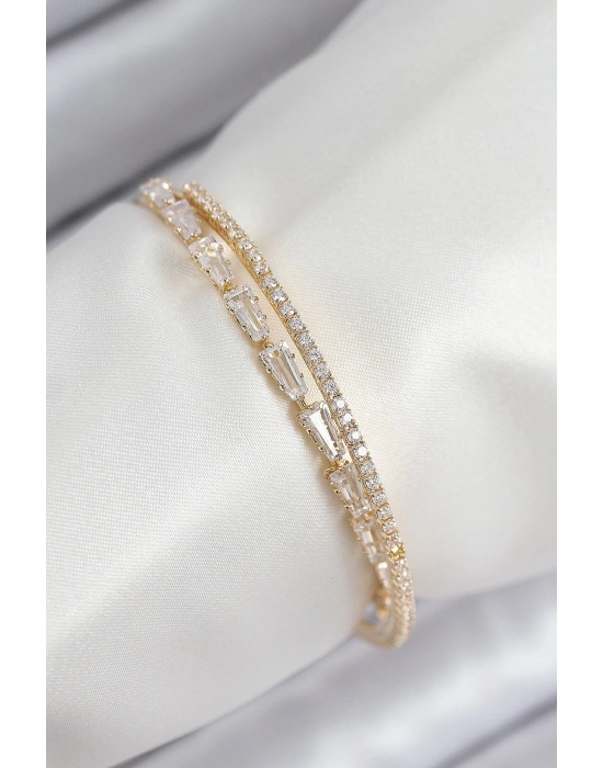 ® Pirinç Zirkon Taşlı Su Yolu Model Gold Renk Kadın Bileklik