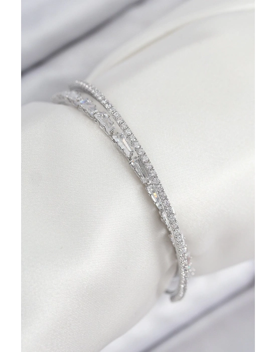 ® Pirinç Zirkon Taşlı Su Yolu Model Gümüş Renk Kadın Bileklik