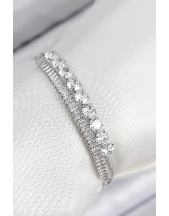 ® Pirinç Zirkon Taşlı Su Yolu Model Gümüş Renk Kadın Bileklik