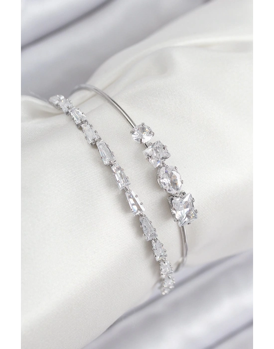 ® Pirinç Zirkon Taşlı Su Yolu Model Gümüş Renk Kadın Bileklik