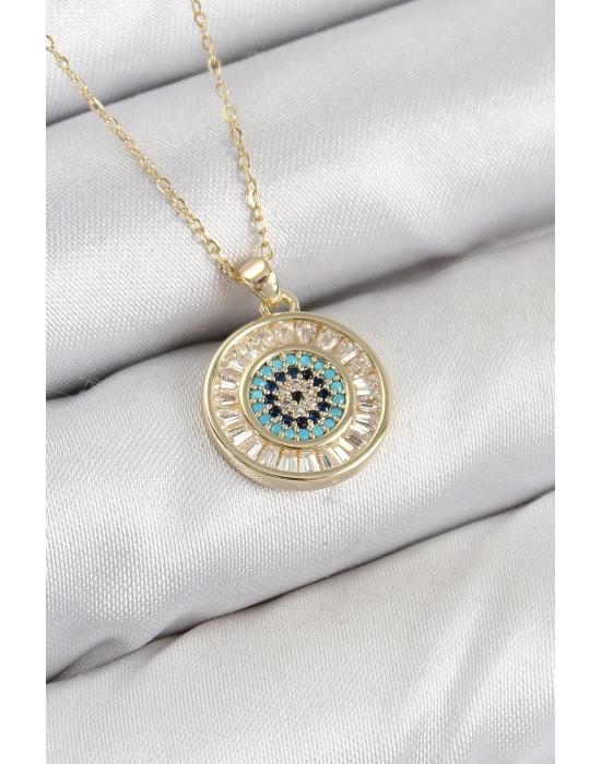 ® Pirinç Zirkon Taşlı Su Yolu Nazar Model Gold Renk Kadın Kolye