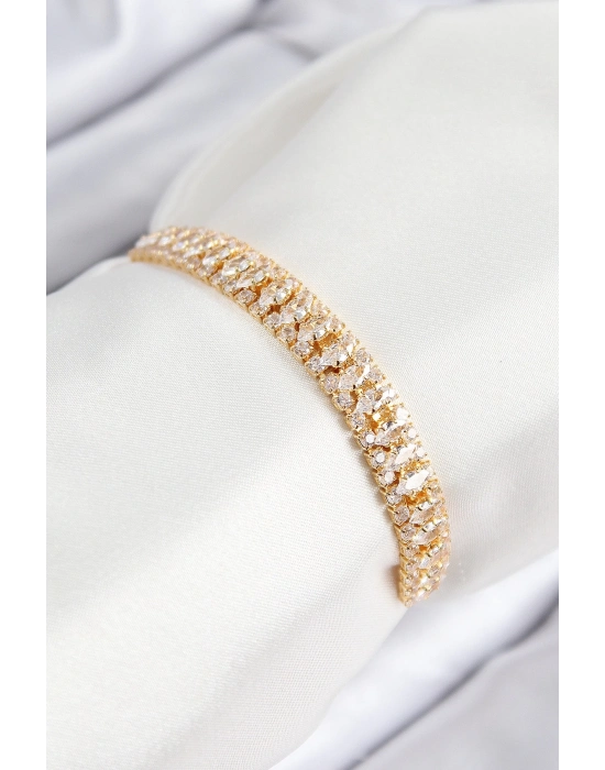 ® Pirinç Zirkon Taşlı Tennıs Model Gold Renk Asansörlü Kadın Bileklik