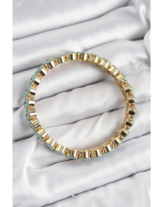 ® Pirinç Zirkon Taşlı Turkuaz Nazar Model Gold Renk Lastikli Kadın Bileklik