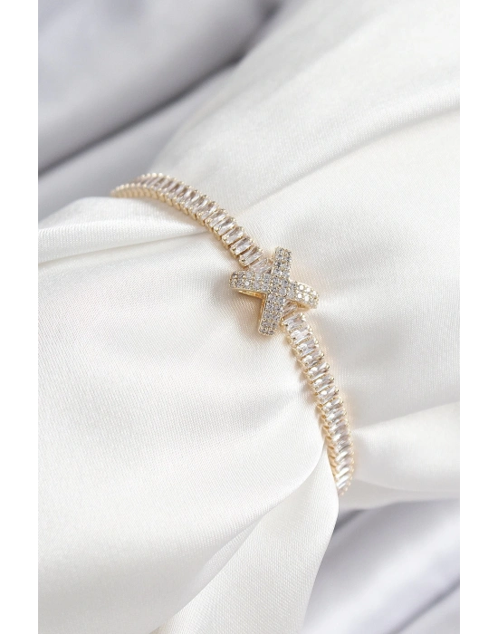 ® Pirinç Zirkon Taşlı X Detaylı Su Yolu Model Gold Renk Asansörlü Kadın Bileklik