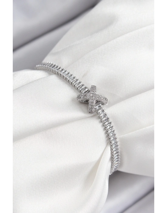 ® Pirinç Zirkon Taşlı X Detaylı Su Yolu Model Gümüş Renk Asansörlü Kadın Bileklik