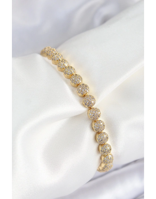 ® Pirinç Zirkon Taşlı Yarım Topcuk Model Gold Renk VIP Seri Kadın Bileklik