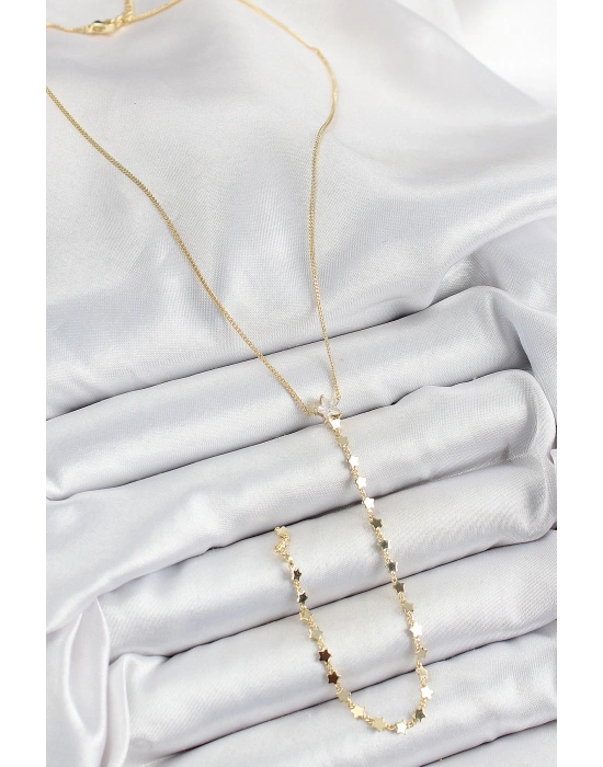 ® Pirinç Zirkon Taşlı Yıldız Figürlü Y Model Gold Renk Kadın Kolye