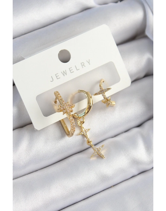® Pirinç Zirkon Taşlı Yıldız Model Gold Renk 3lü Çift Kadın Küpe Set