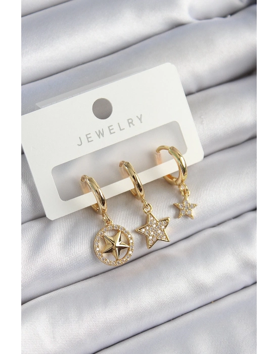 ® Pirinç Zirkon Taşlı Yıldız Model Gold Renk 3lü Çift Kadın Küpe Set