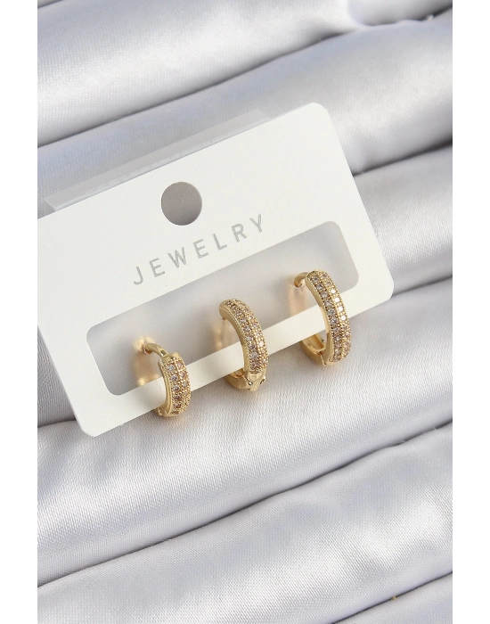 ® Pirinç Zirkon Taşlı Yıldız Model Gold Renk 3lü Çift Kadın Küpe Set