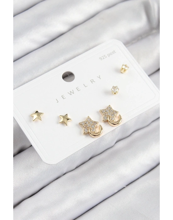 ® Pirinç Zirkon Taşlı Yıldız Model Gold Renk 925 Ayar Gümüş Çivi Kadın Küpe Set