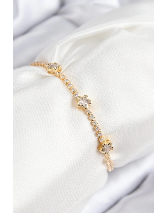 ® Pirinç Zirkon Taşlı Yıldız Model Gold Renk Asansörlü Kadın Bileklik