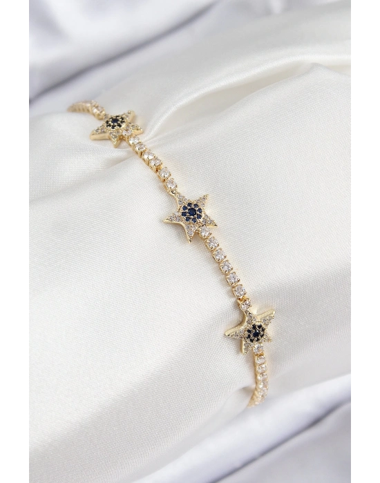 ® Pirinç Zirkon Taşlı Yıldız Model Gold Renk Kadın Bileklik