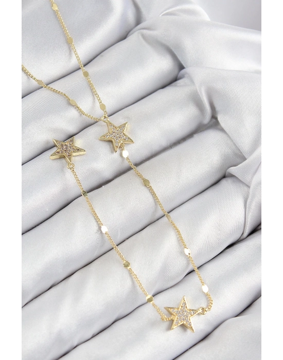 ® Pirinç Zirkon Taşlı Yıldız Model Gold Renk Y Kolye