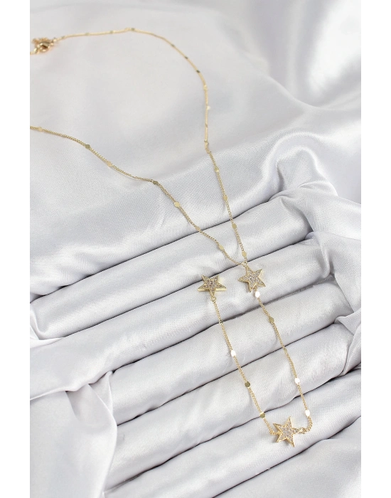 ® Pirinç Zirkon Taşlı Yıldız Model Gold Renk Y Kolye