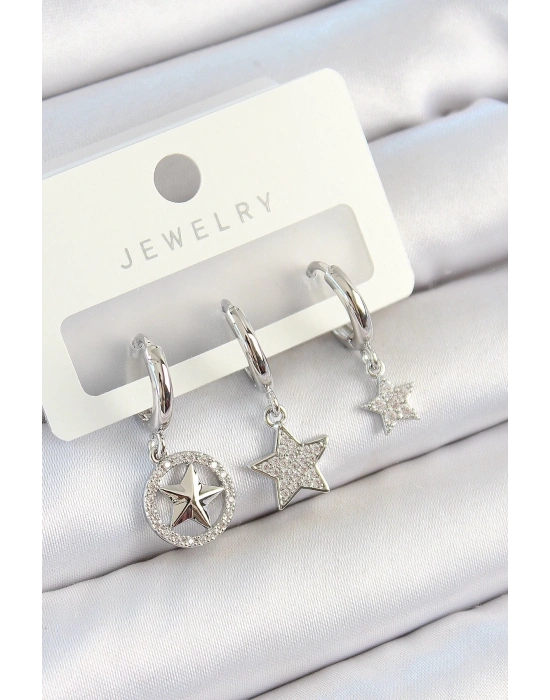 ® Pirinç Zirkon Taşlı Yıldız Model Gümüş Renk 3lü Çift Kadın Küpe Set