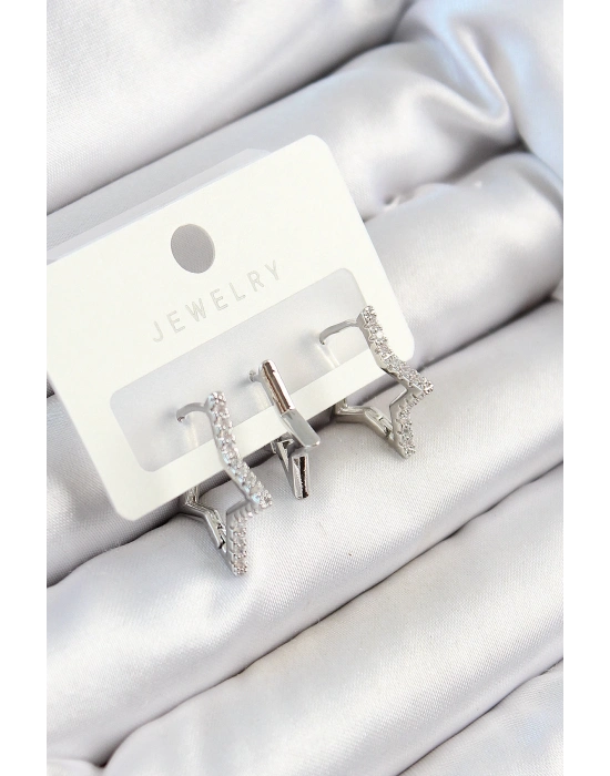 ® Pirinç Zirkon Taşlı Yıldız Model Gümüş Renk 3lü Çift Kadın Küpe Set