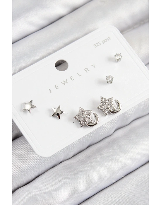 ® Pirinç Zirkon Taşlı Yıldız Model Gümüş Renk 925 Ayar Gümüş Çivi Kadın Küpe Set